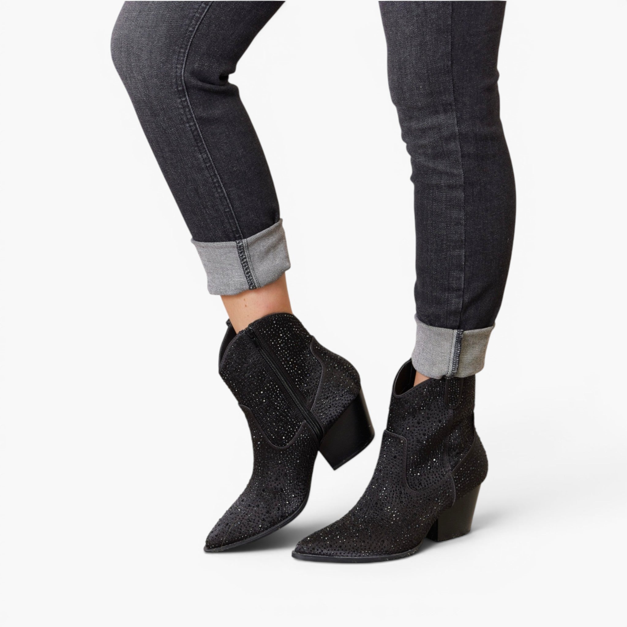 Black Rhinestone Western Ankle Boots