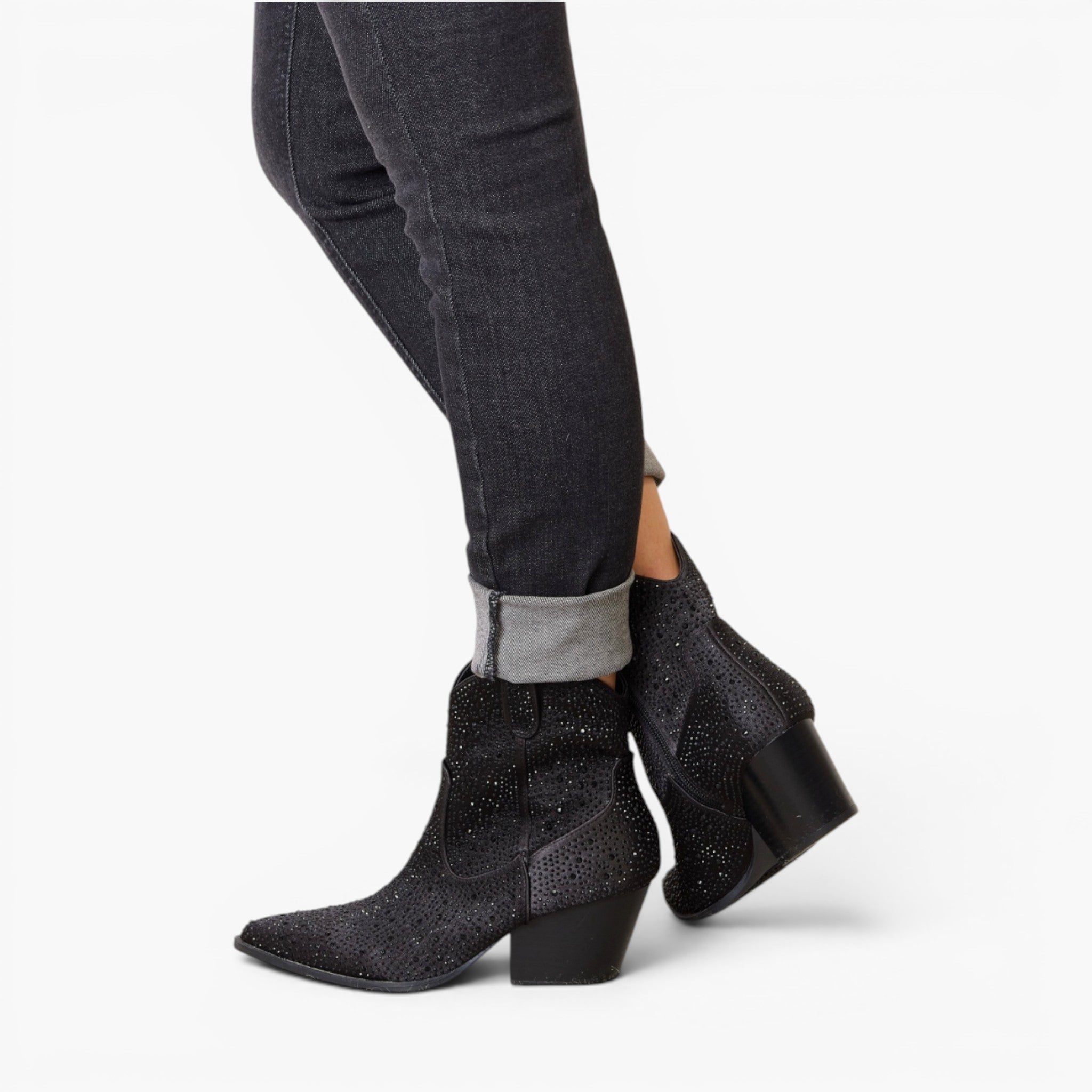 Black Rhinestone Western Ankle Boots
