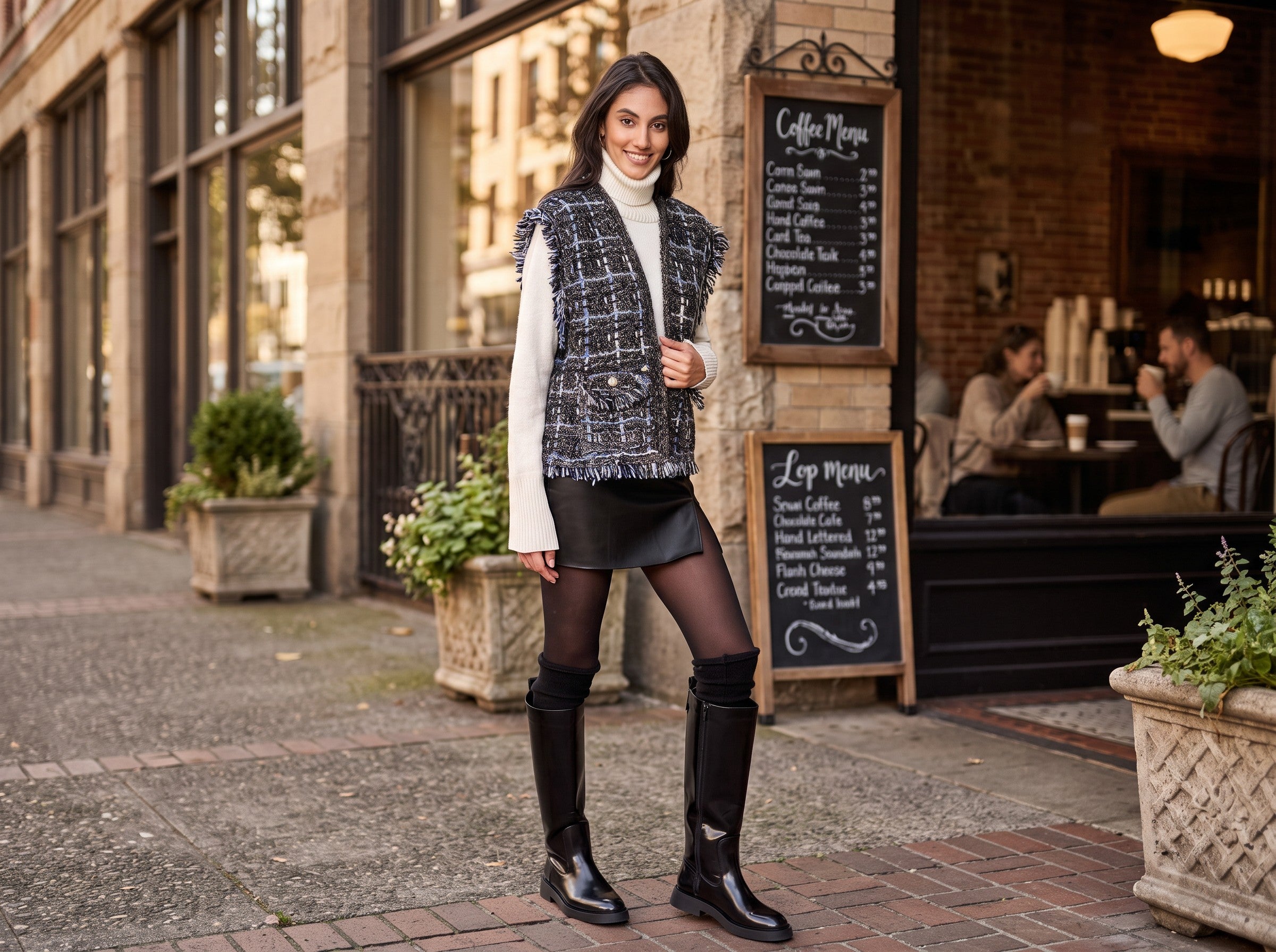 A woman stands on a city sidewalk in front of a coffee shop, wearing a black and white tweed vest over a white turtleneck, a black mini skirt, sheer black tights, and tall black leather boots.