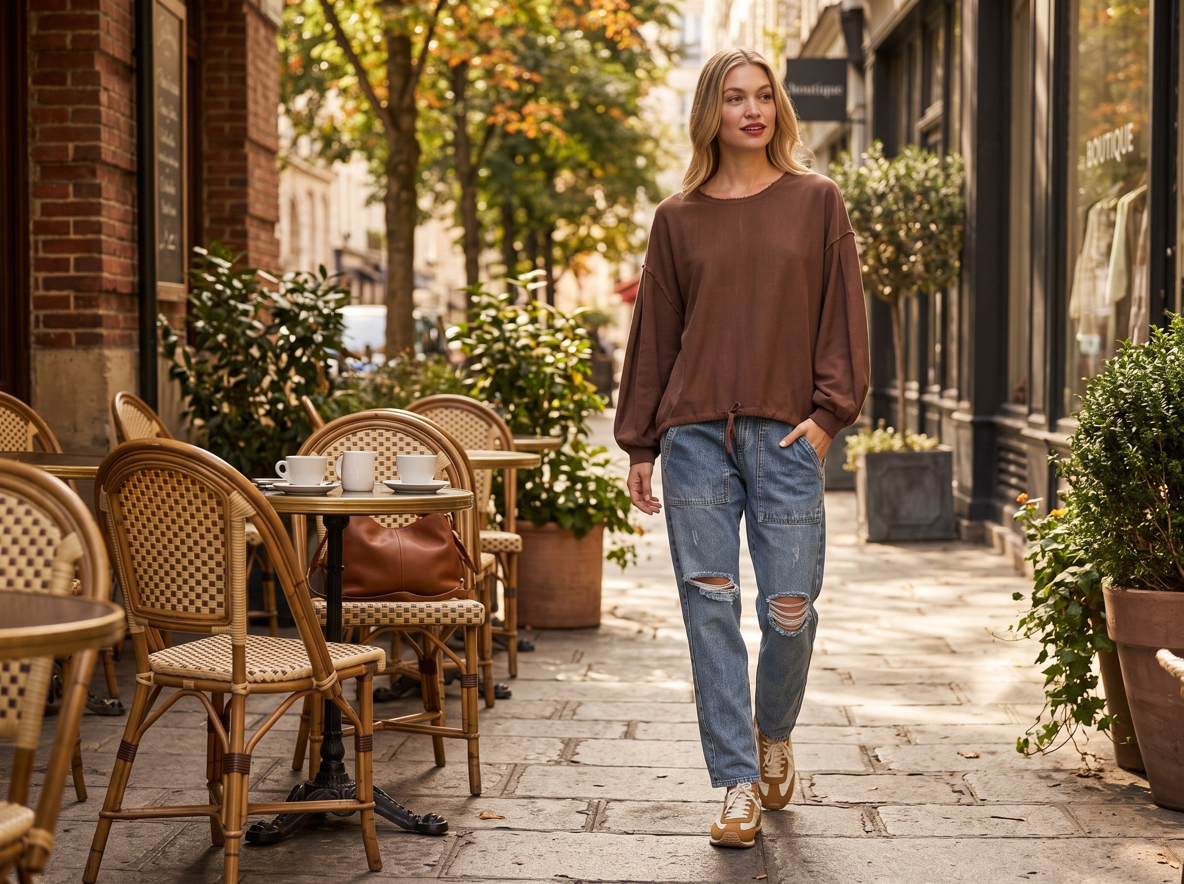 A woman walks down a sunlit city sidewalk beside outdoor cafe seating, wearing a loose brown long-sleeve top, light blue ripped jeans, and tan loafers.