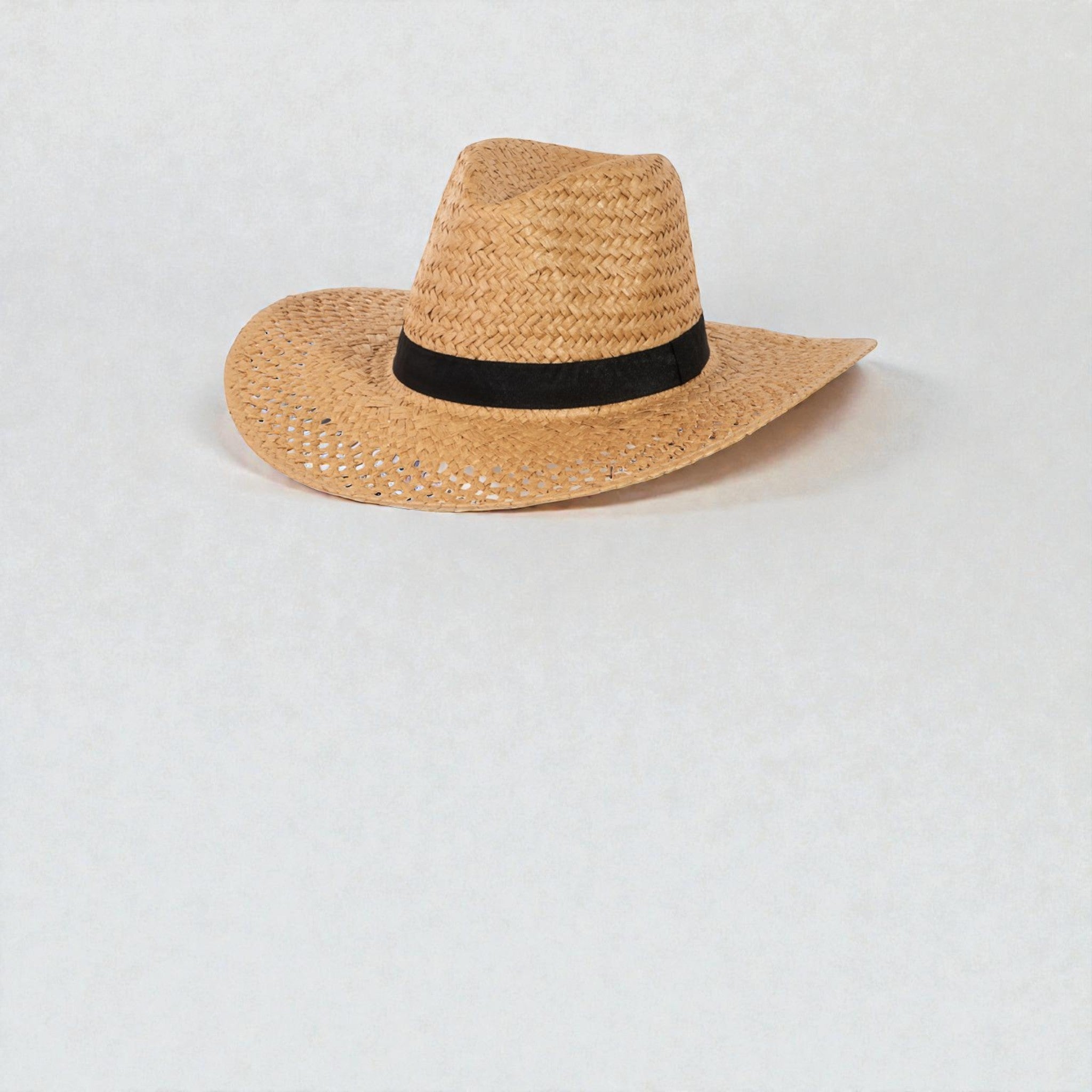 Woven straw hat with a black band on a white background