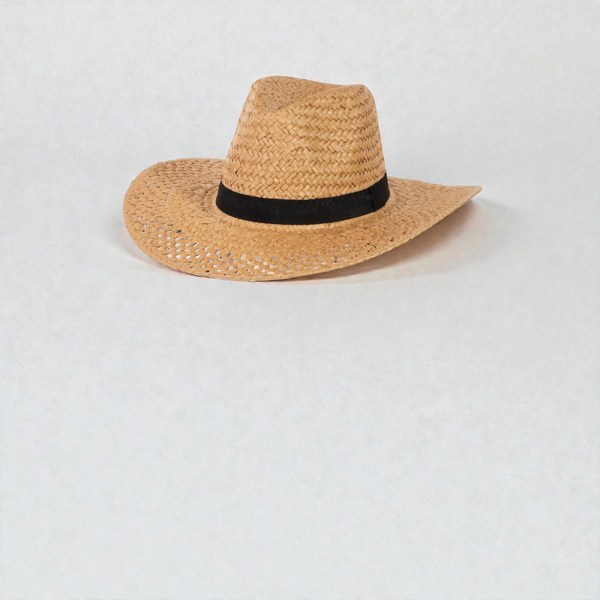 Woven straw hat with a black band on a white background