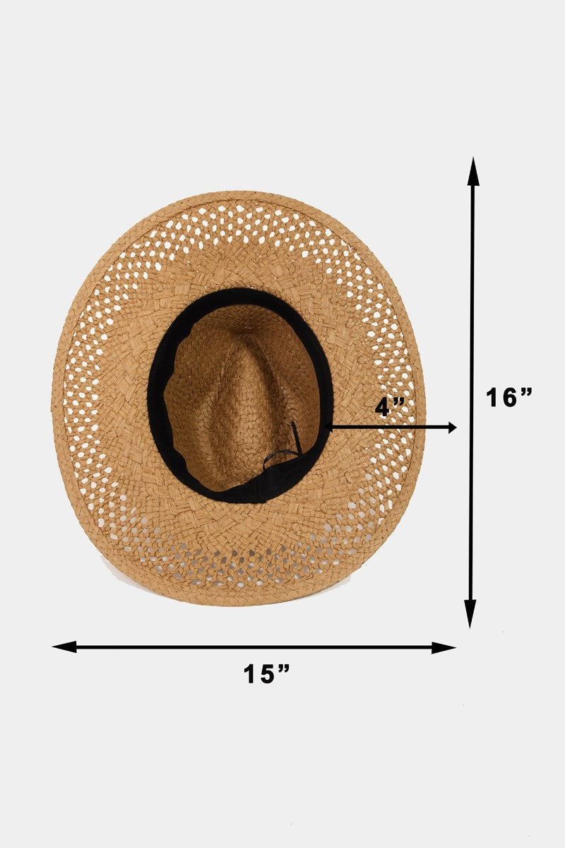 Measurement chart of a straw hat with dimensions on a white background