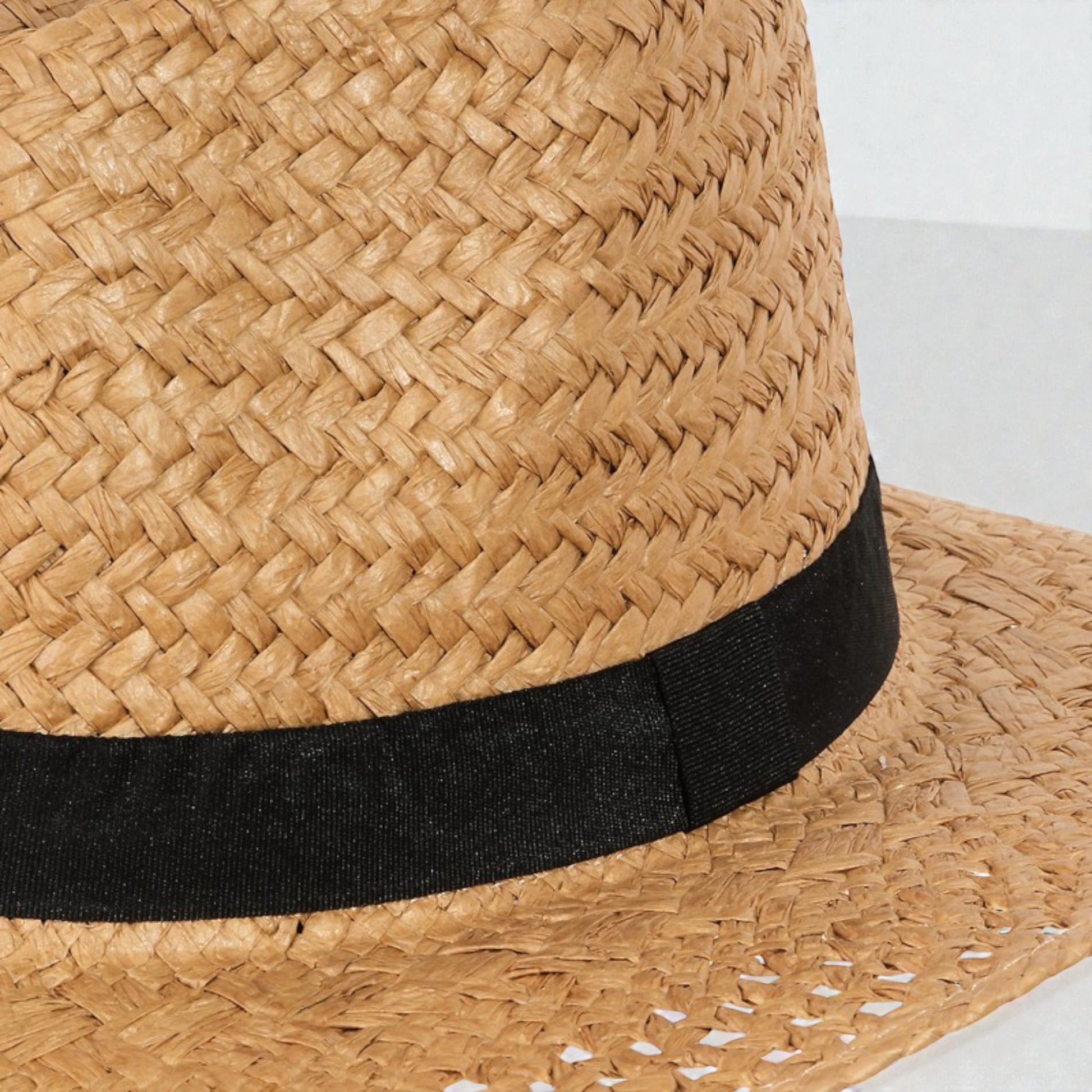 Close-up of a straw hat with a black band on a white background