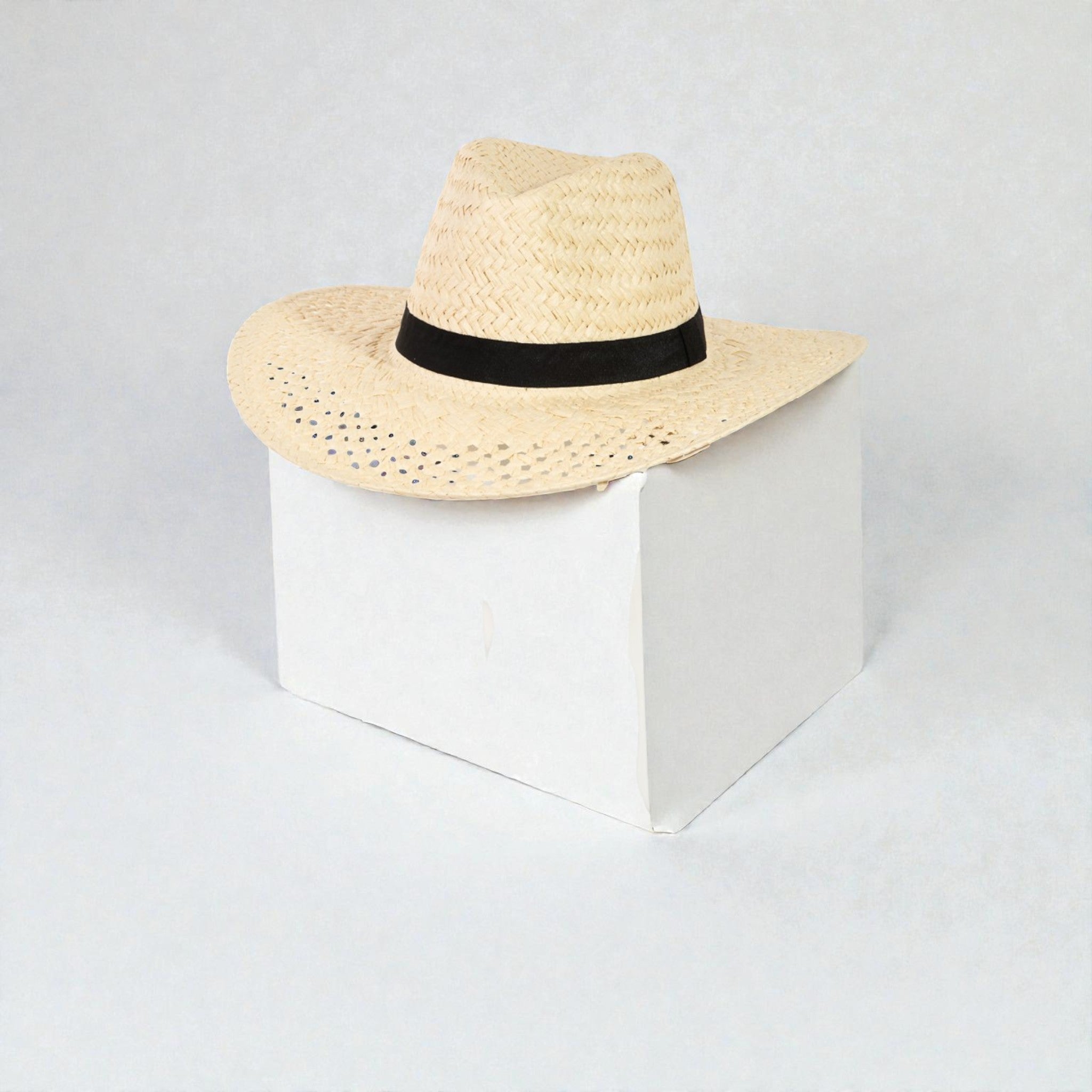 Beige straw hat with a black band on a white cube against a light gray background