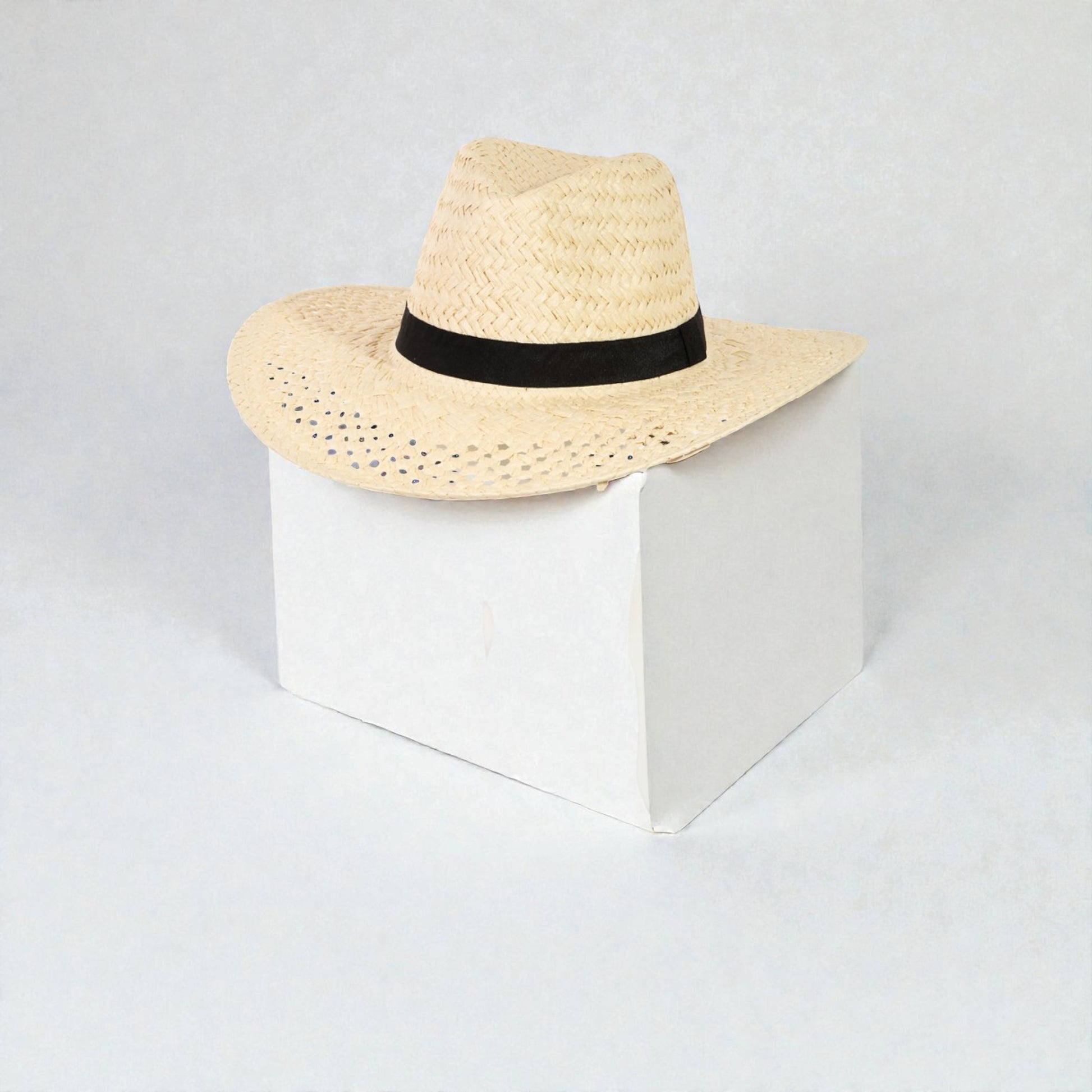Beige straw hat with a black band on a white cube against a light gray background