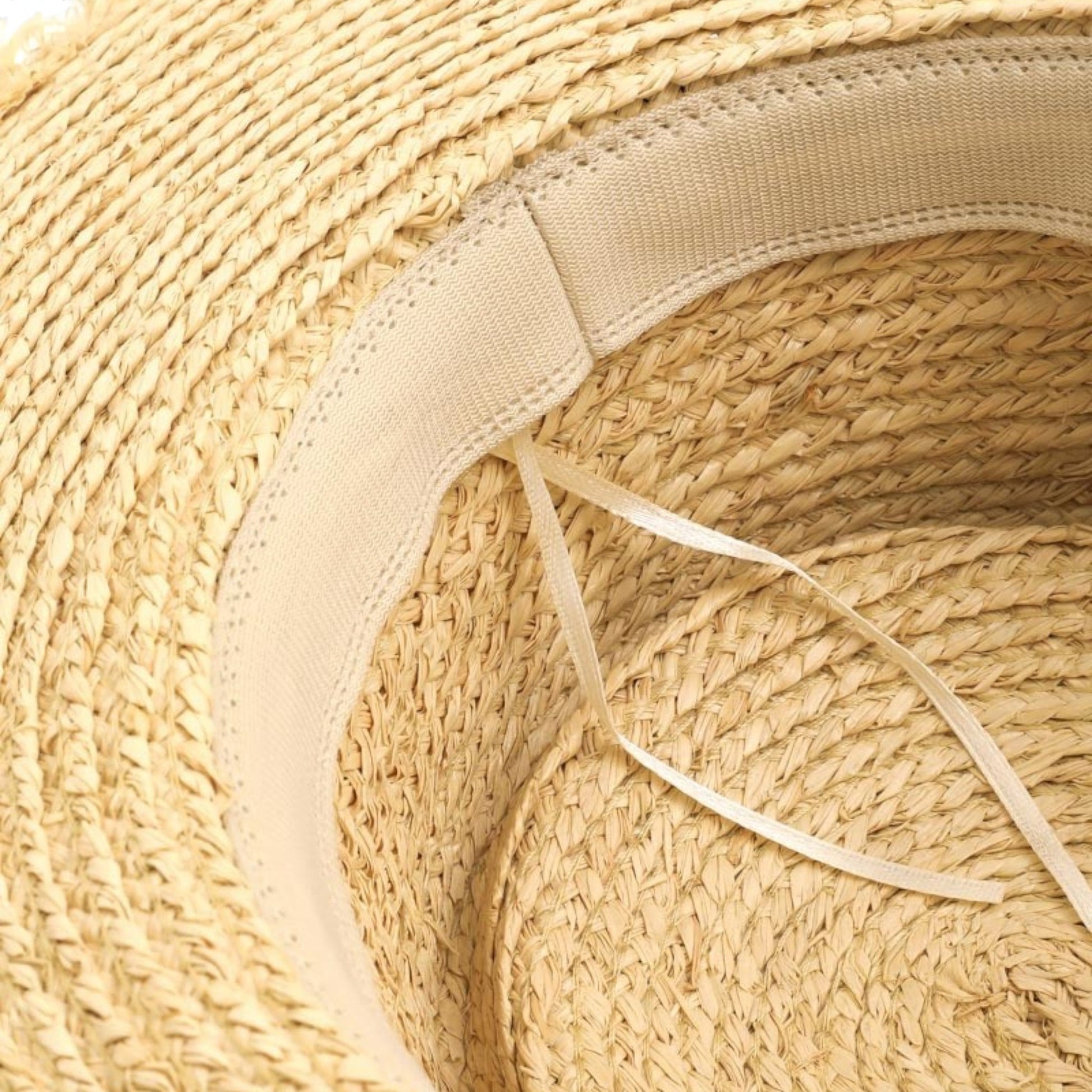 Close-up of a straw hat with a ribbon, focusing on the texture and details.