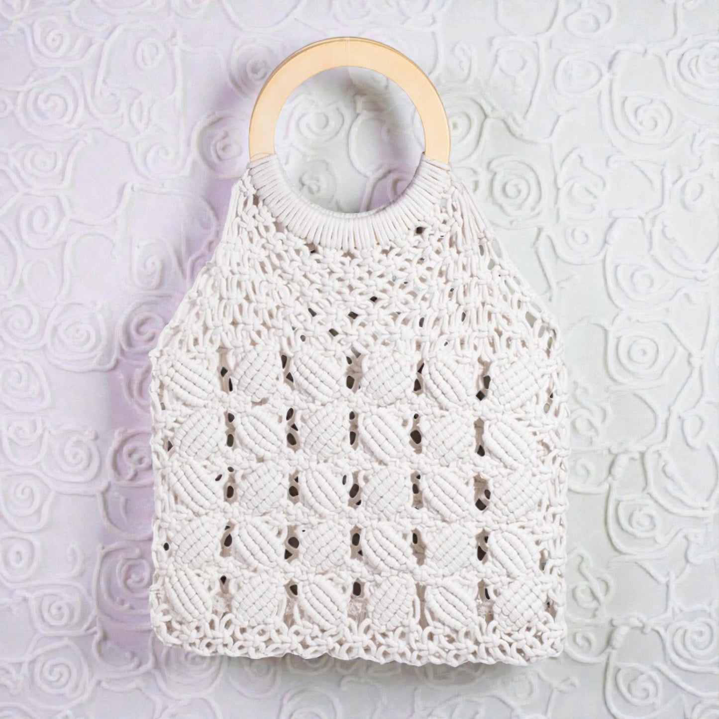 White Macramé Circle Handle Bag