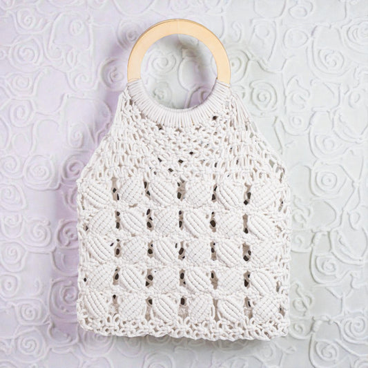 White Macramé Circle Handle Bag