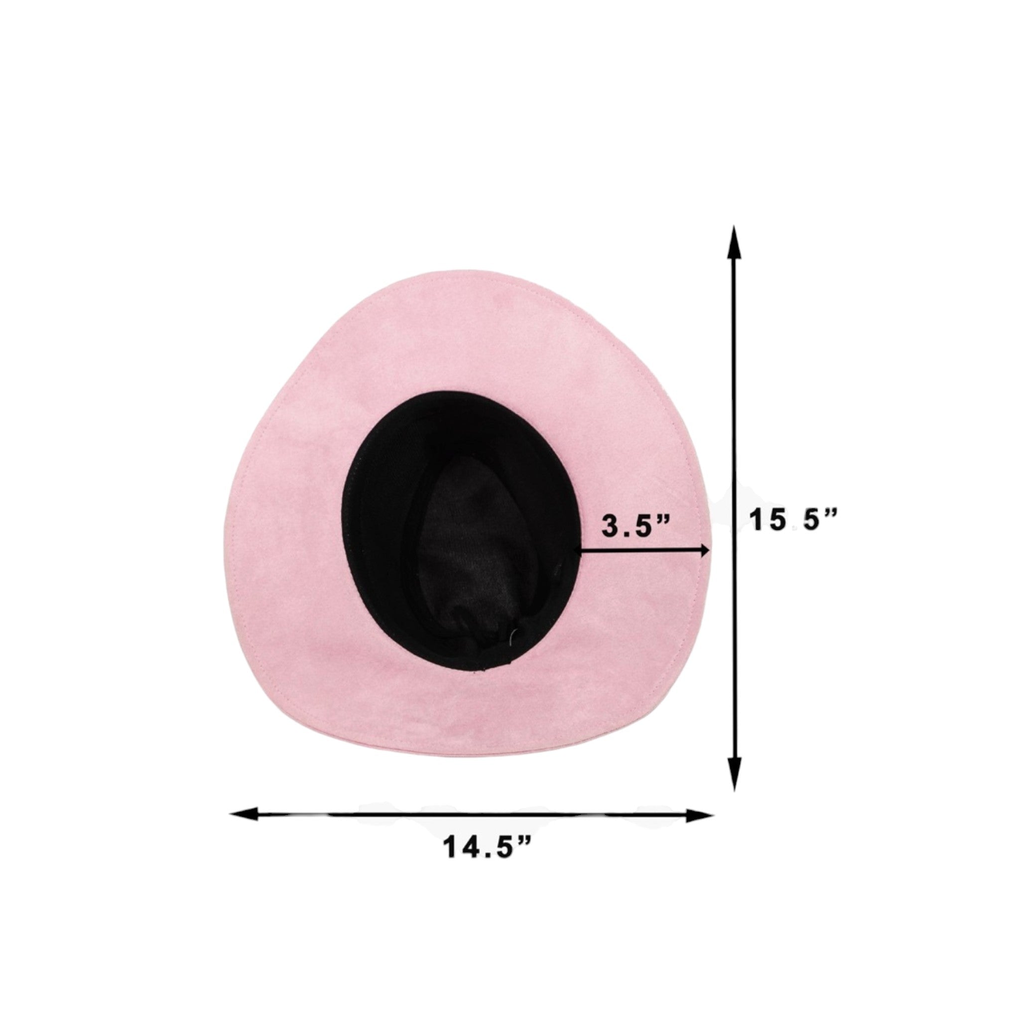 Pink circular cushion with black center and measurements on a white background