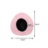 Pink circular cushion with black center and measurements on a white background