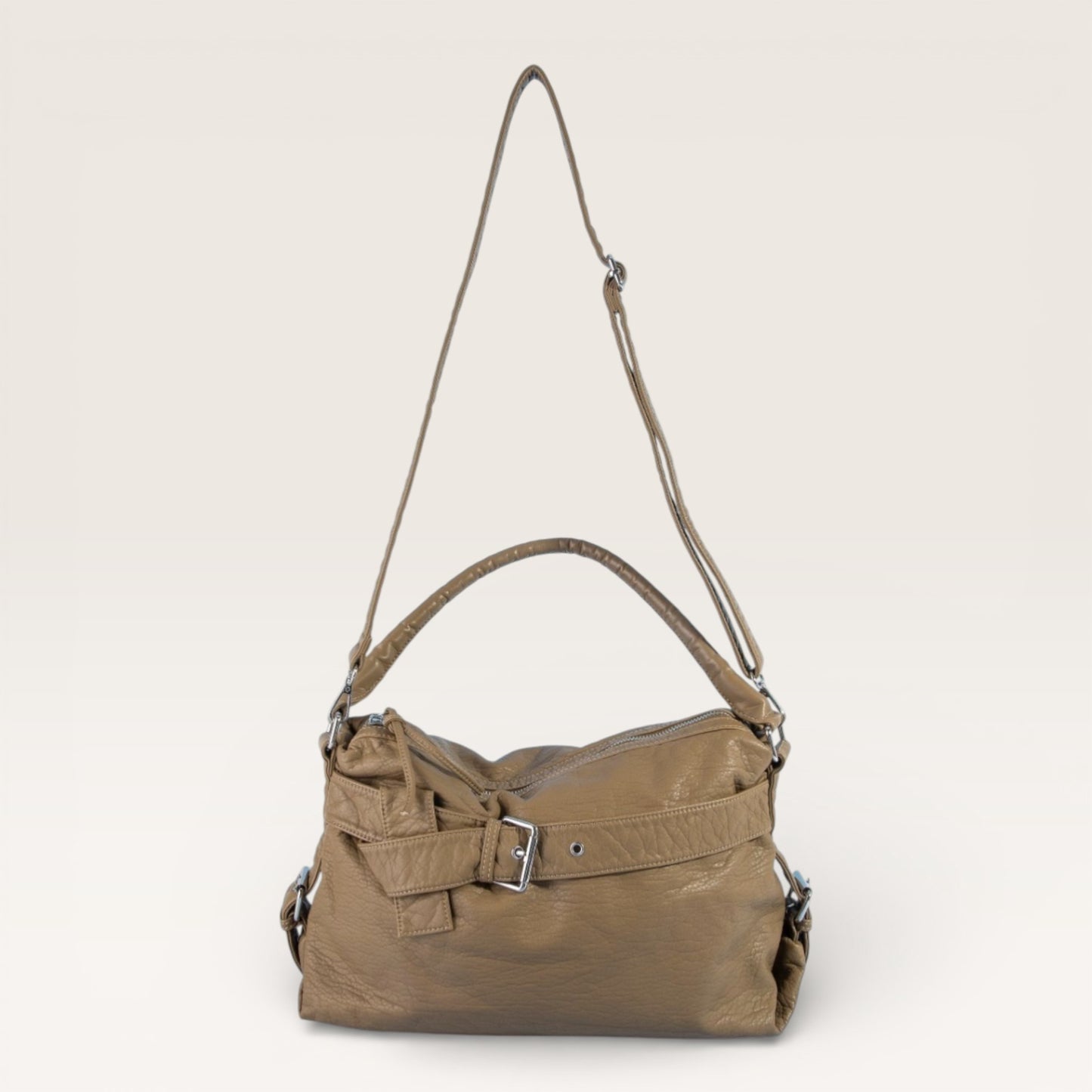 Brown handbag with a strap on a white background