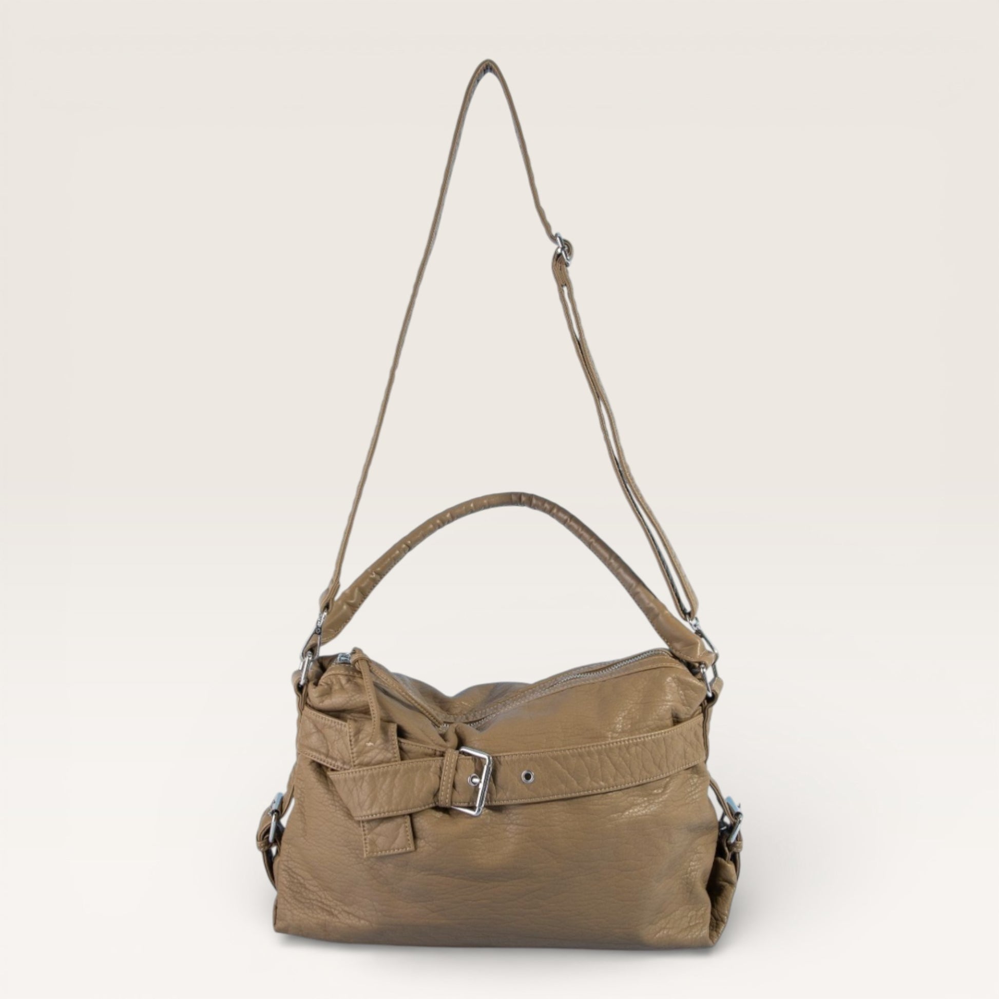 Brown handbag with a strap on a white background