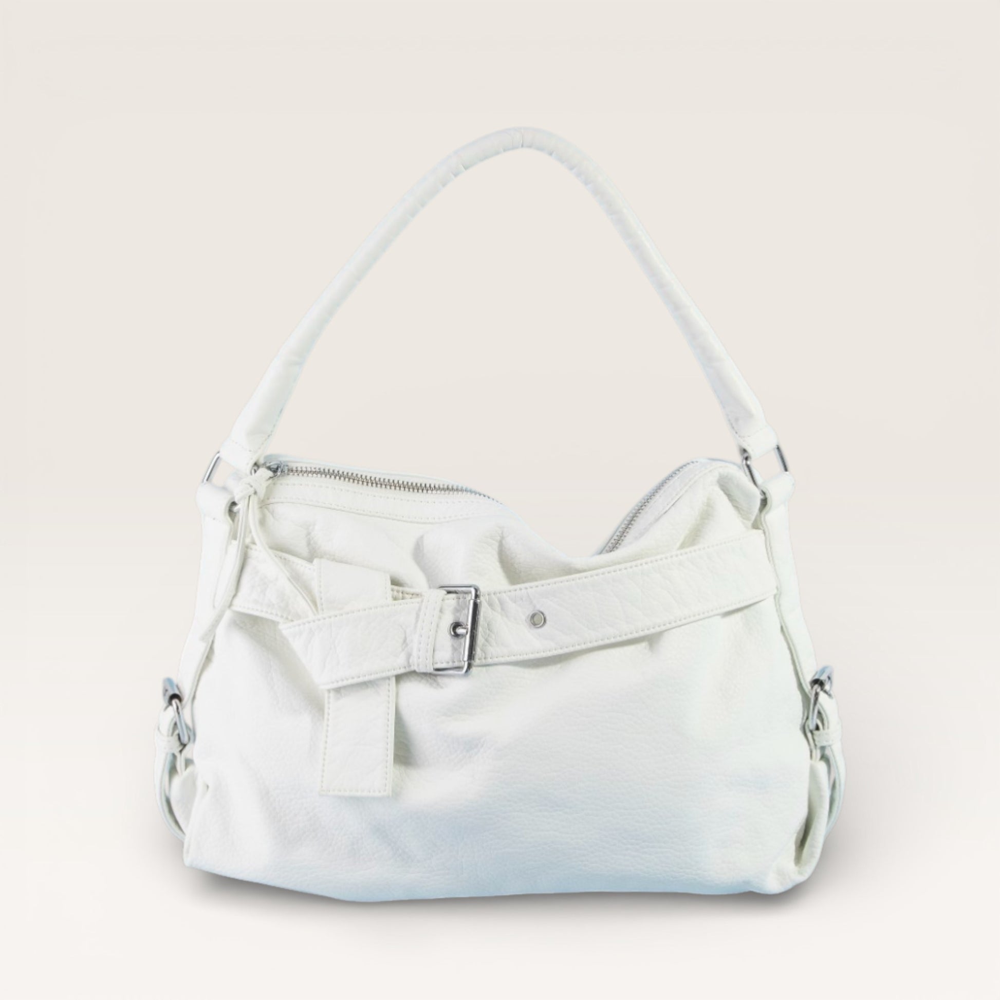 White handbag on a light gray background