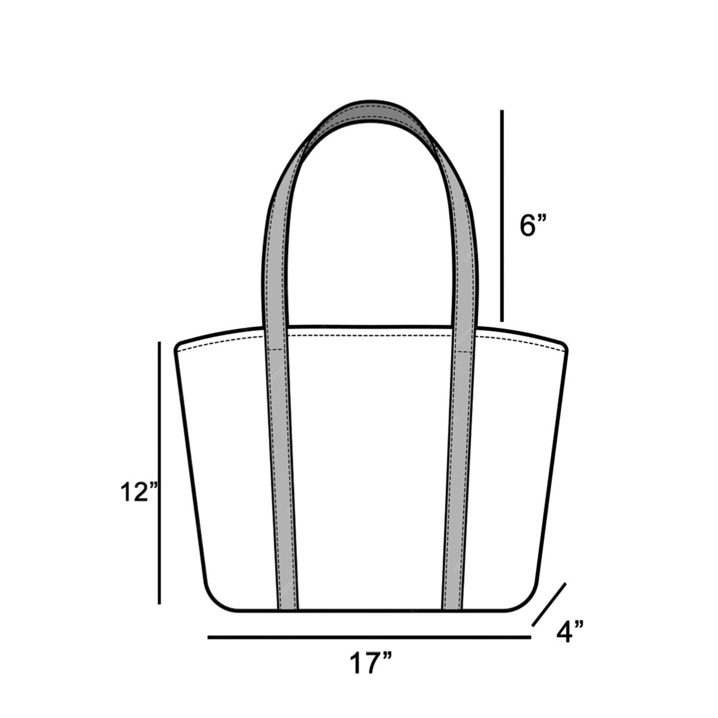 Measurement chart of a tote bag with dimensions labeled.