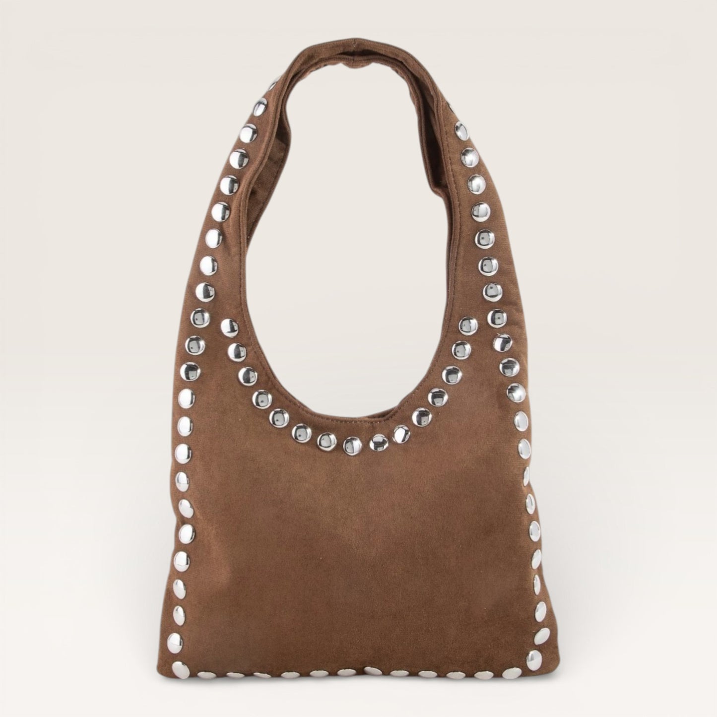Brown handbag with silver studs on a beige background