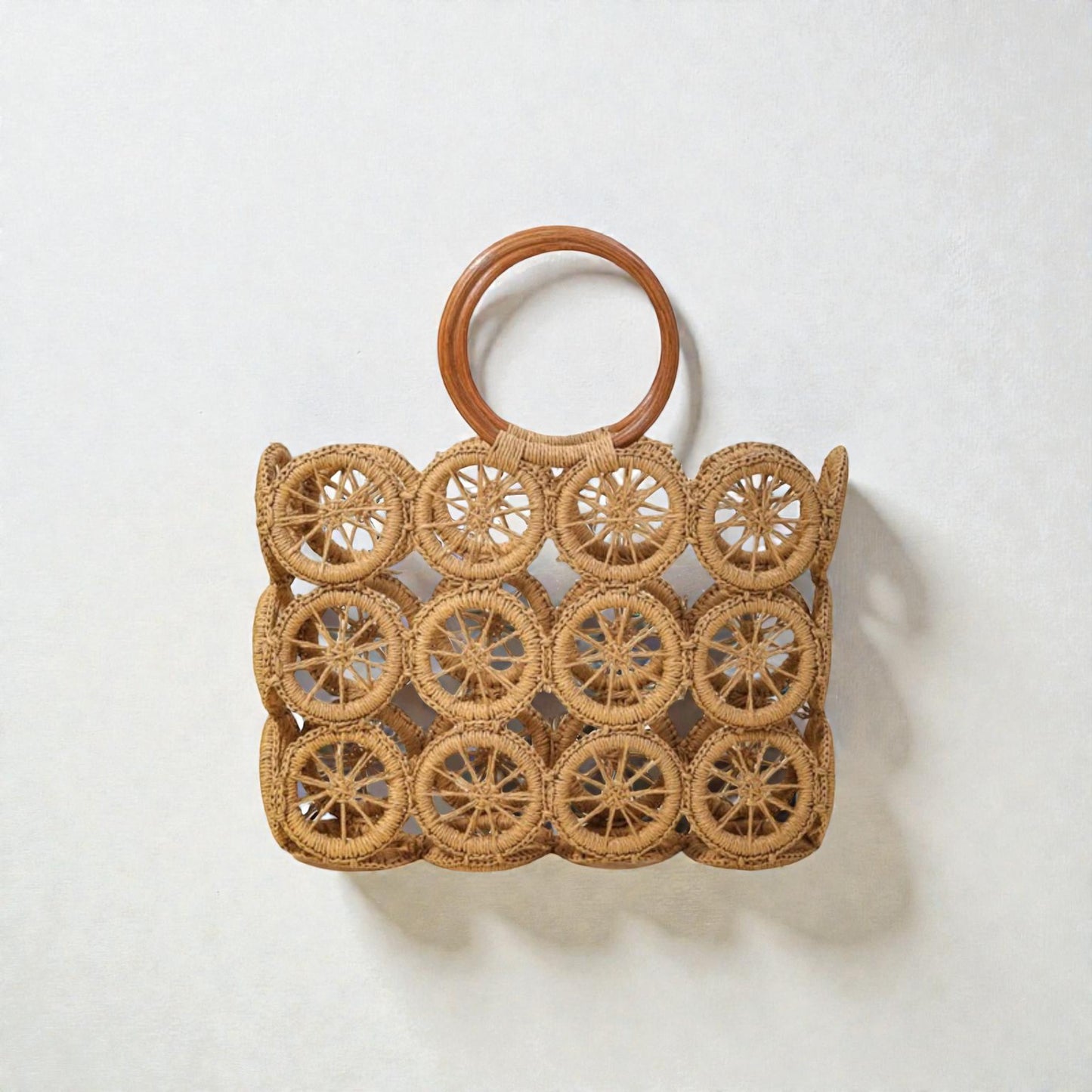 Natural Circle Weave Tote with Wooden Handles