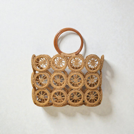 Natural Circle Weave Tote with Wooden Handles