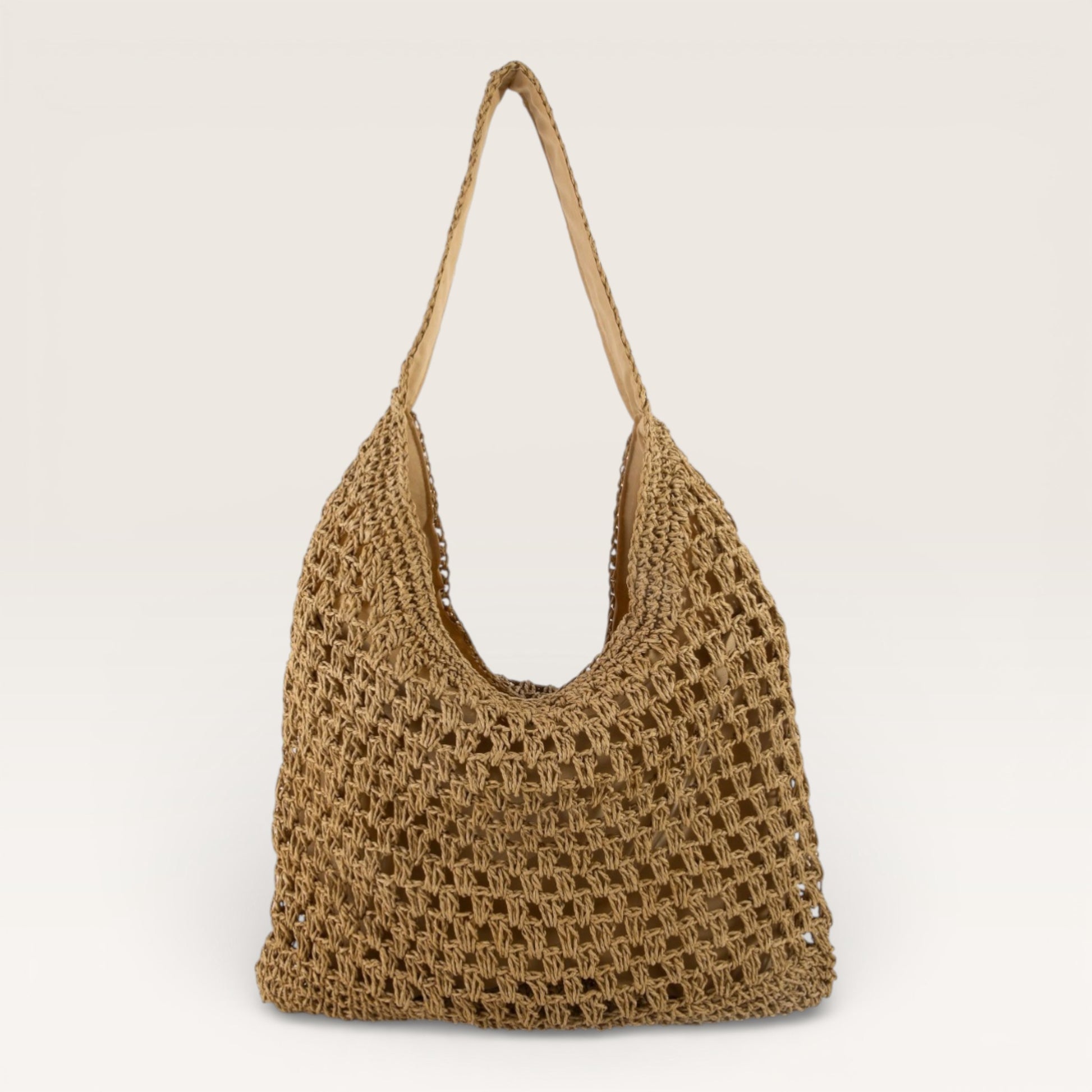 Brown woven handbag on a light beige background
