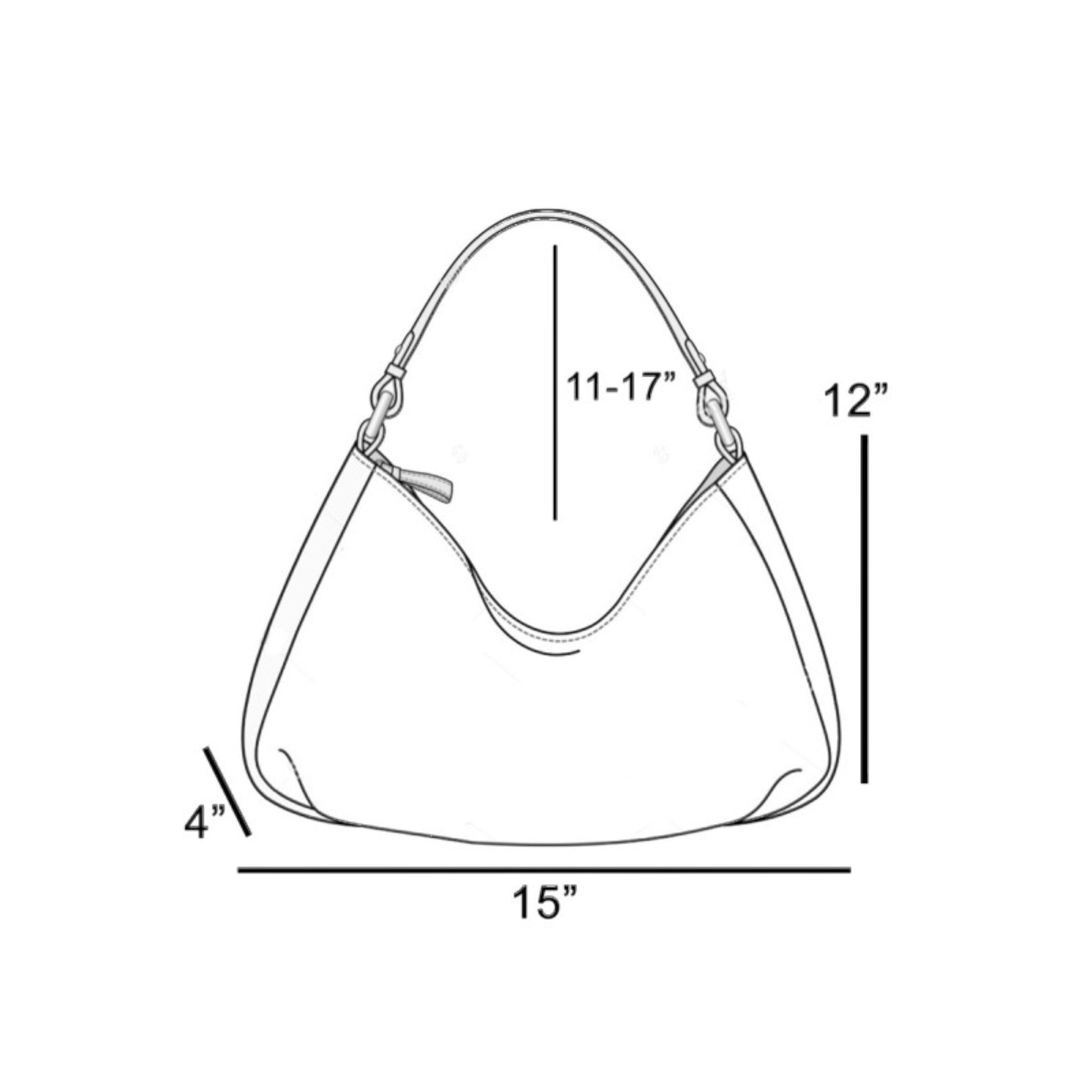 Line drawing of a handbag with dimensions labeled