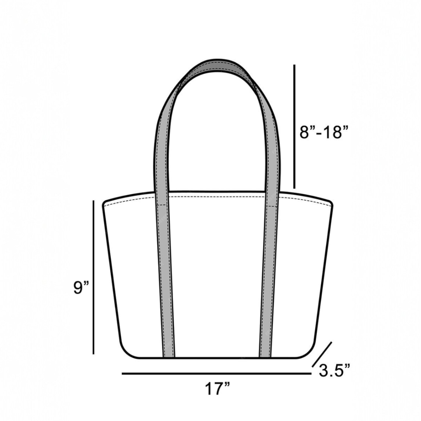 Measurement chart of a tote bag with dimensions labeled.
