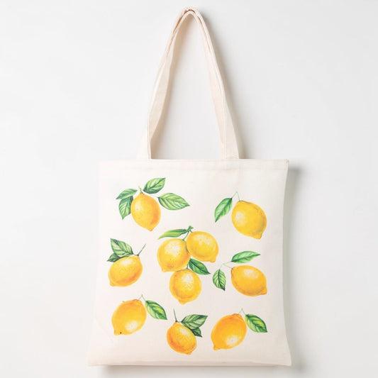 Tote bag with lemon design on a white background