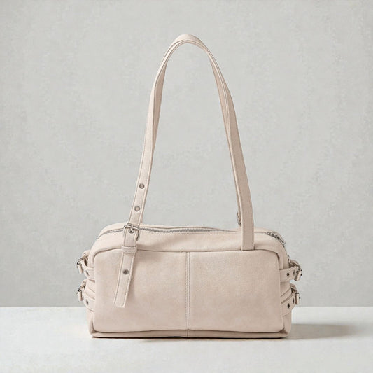 Ivory Vegan Leather Shoulder Bag with Buckle Detail