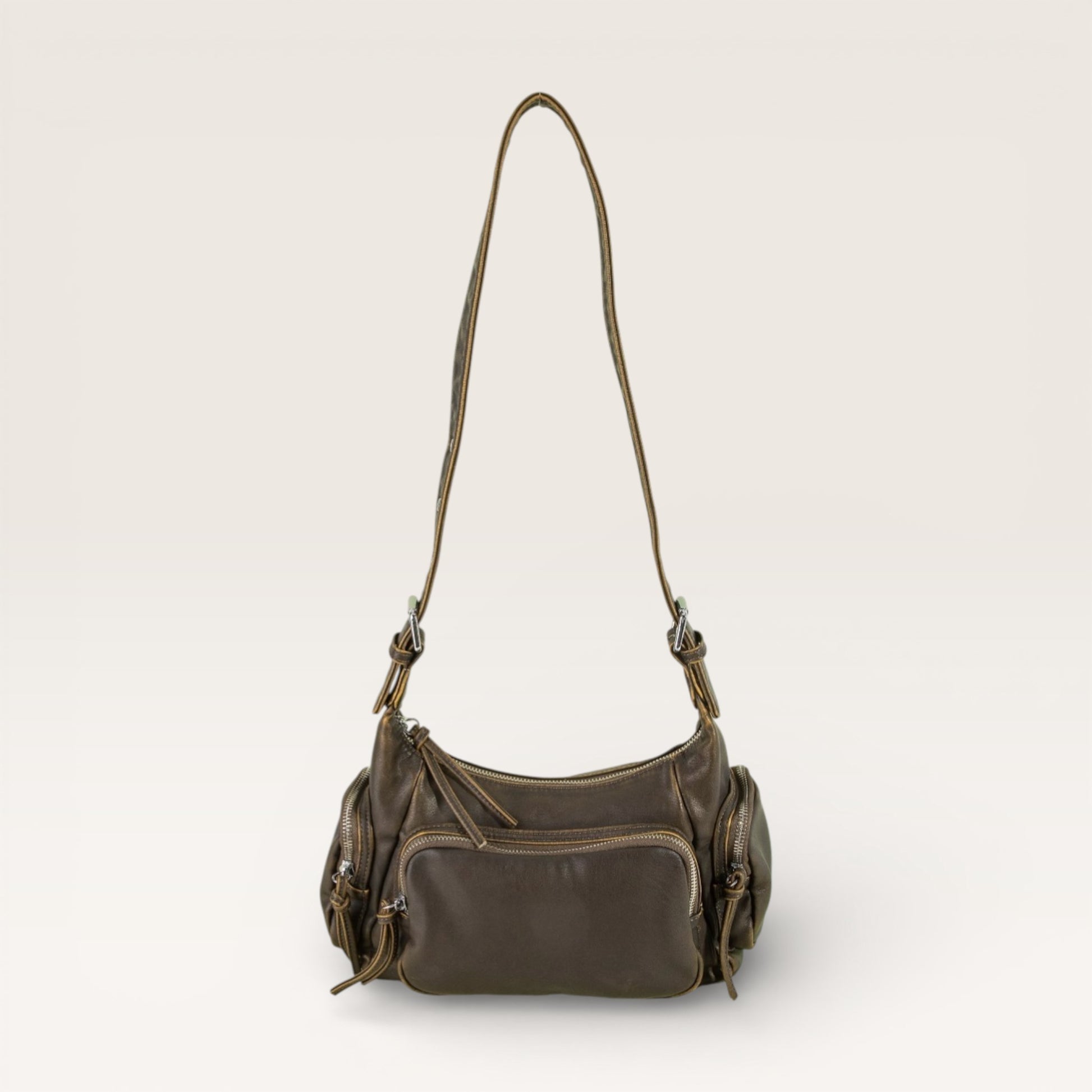 Brown leather handbag on a white background
