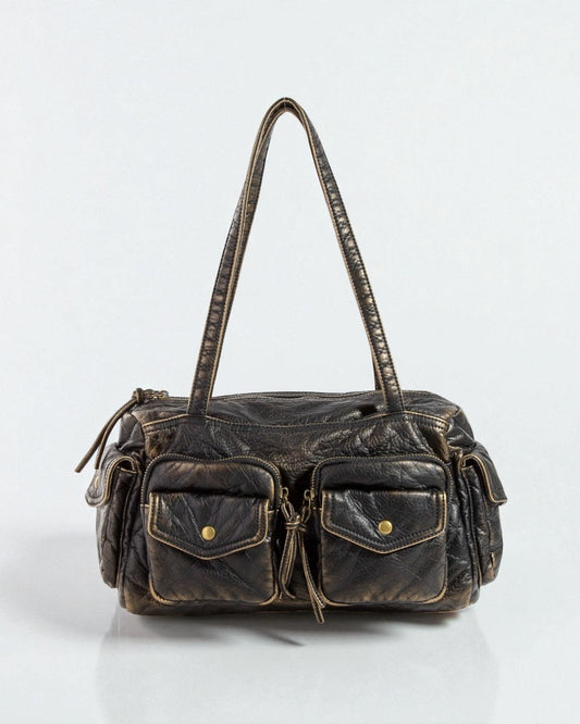 Vintage-style black leather handbag with gold accents on a white background