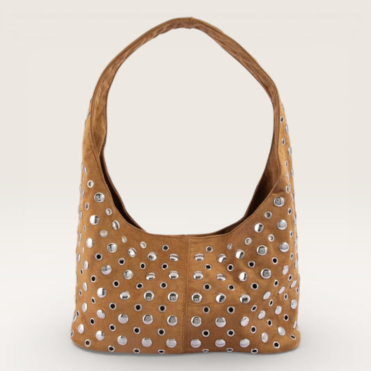 Brown handbag with silver studs on a white background