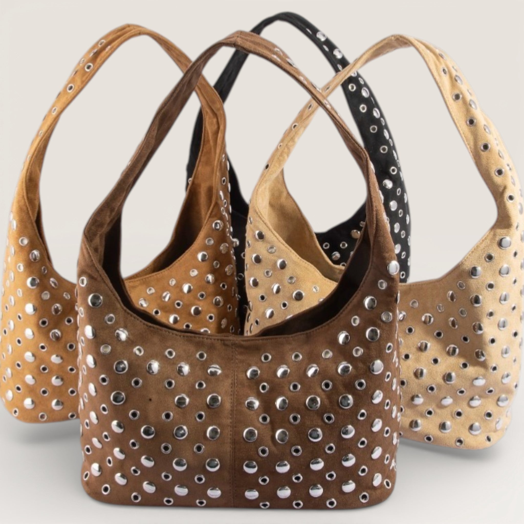 Brown handbag with silver studs on a white background