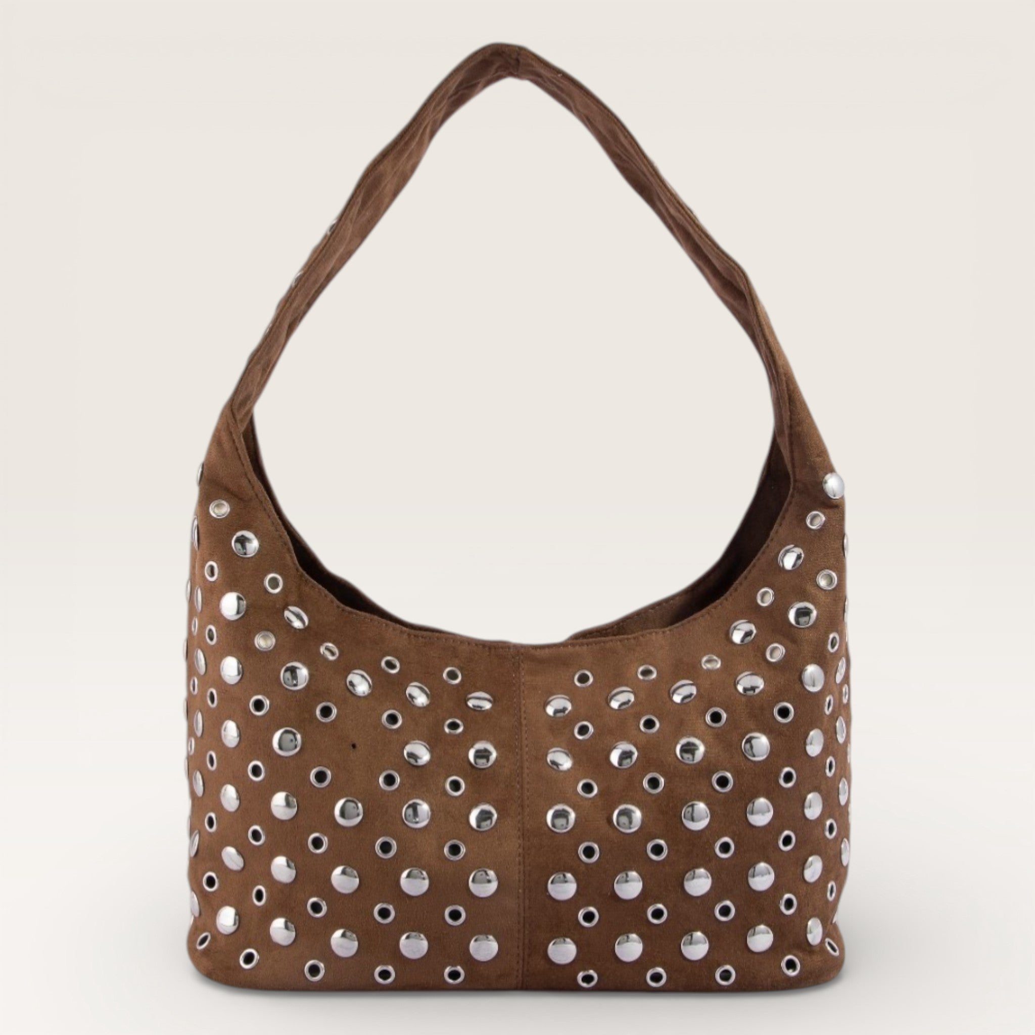 Brown handbag with silver studs on a white background