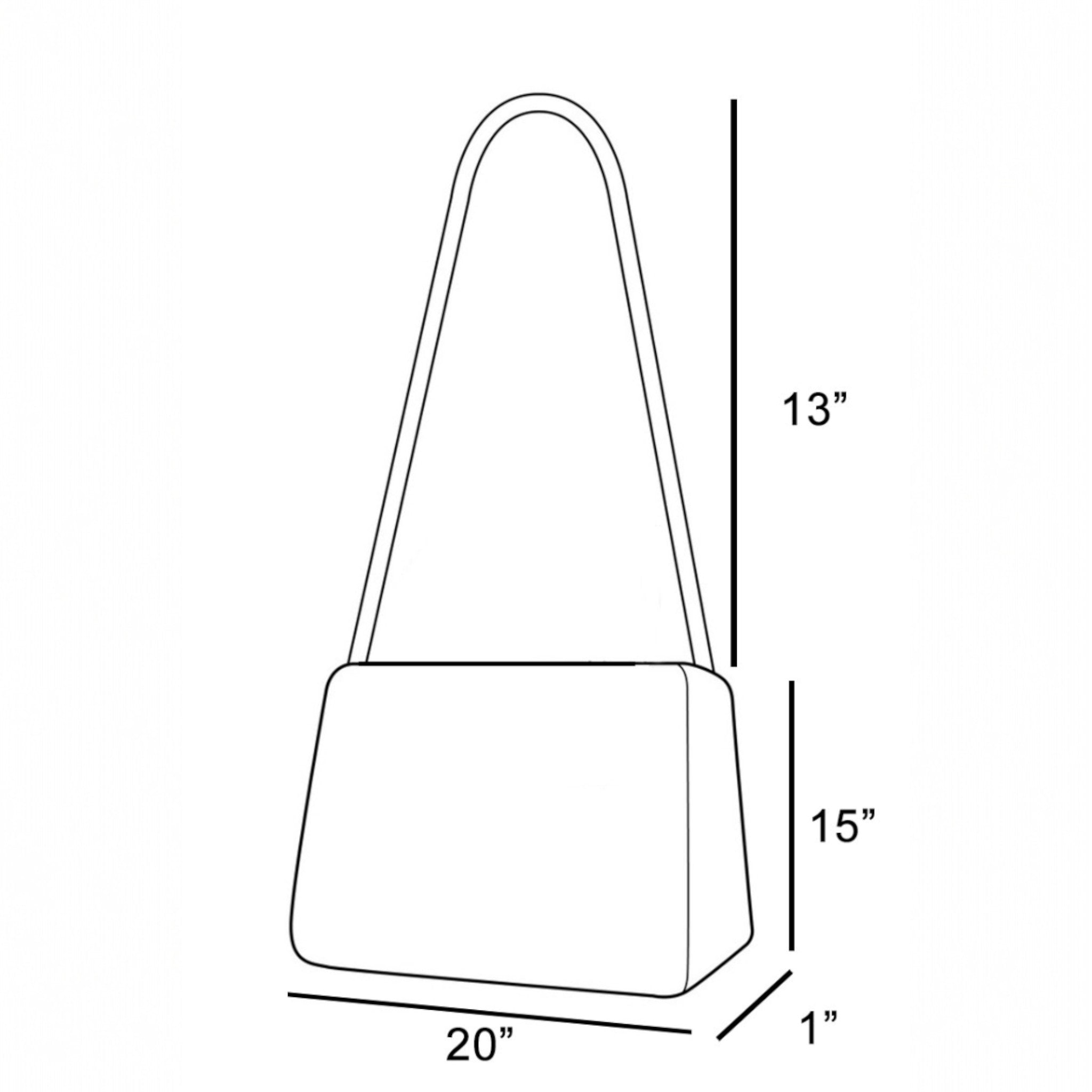 Line drawing of a handbag with dimensions labeled