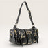Black leather handbag with gold accents on a light gray background