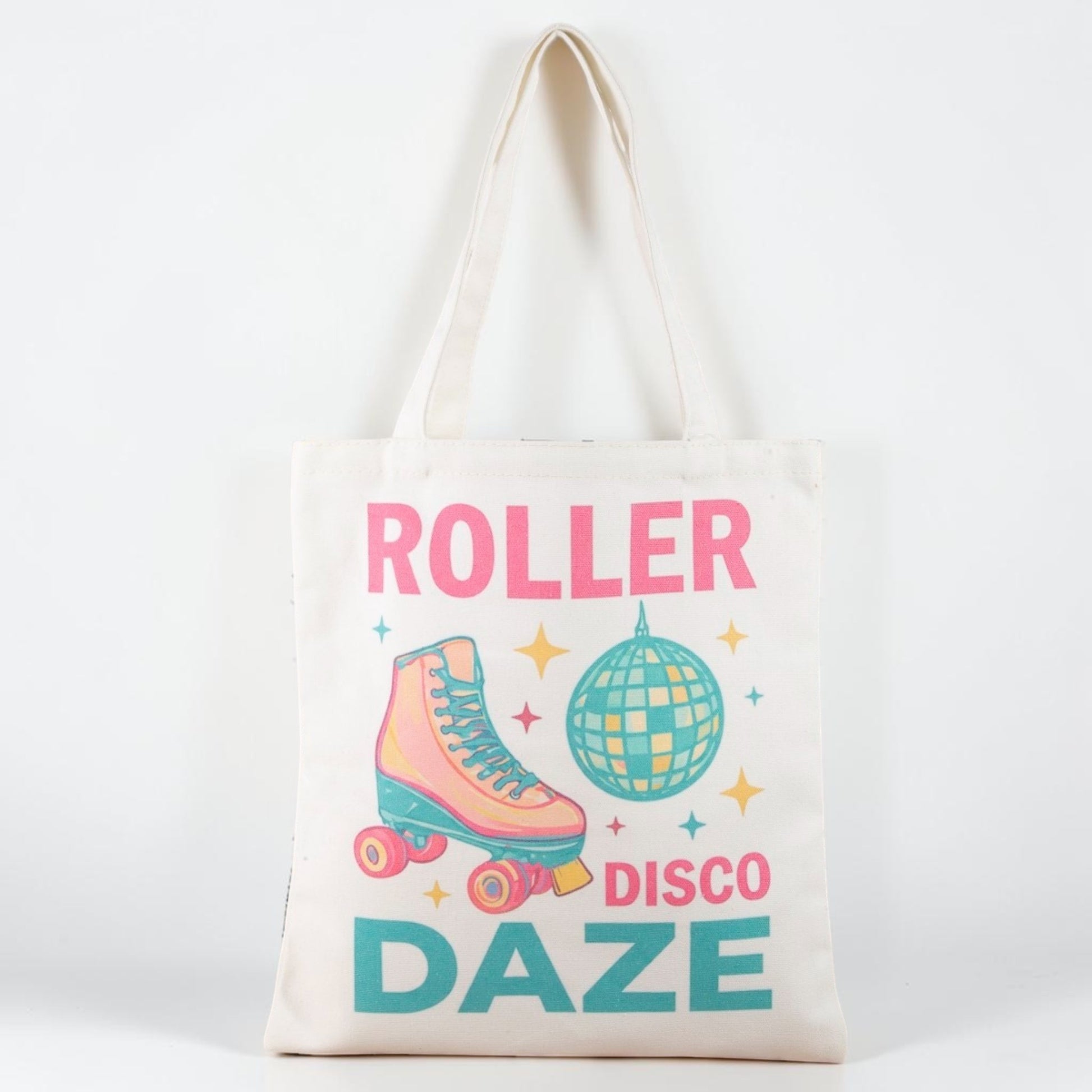 Tote bag with roller skate and disco ball design on a white background
