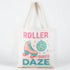 Tote bag with roller skate and disco ball design on a white background