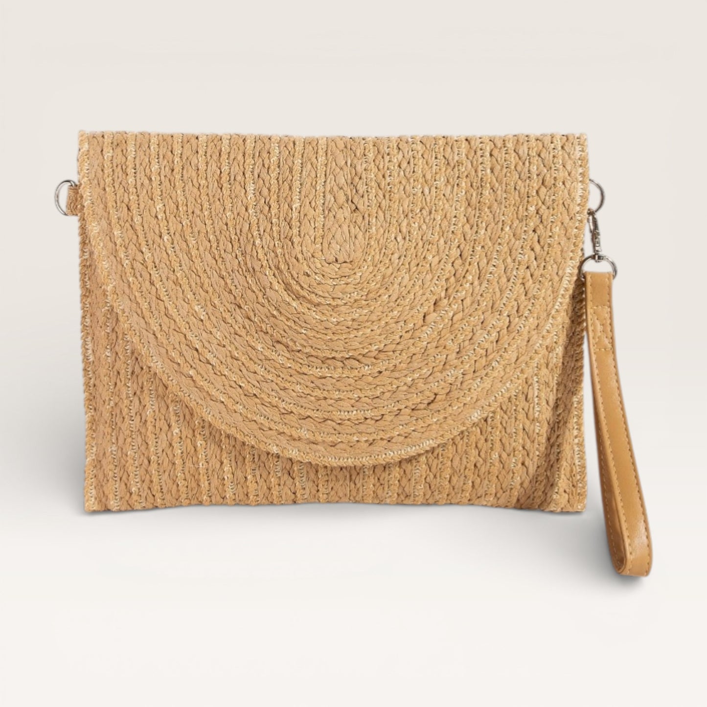 Woven clutch bag with a strap on a light gray background