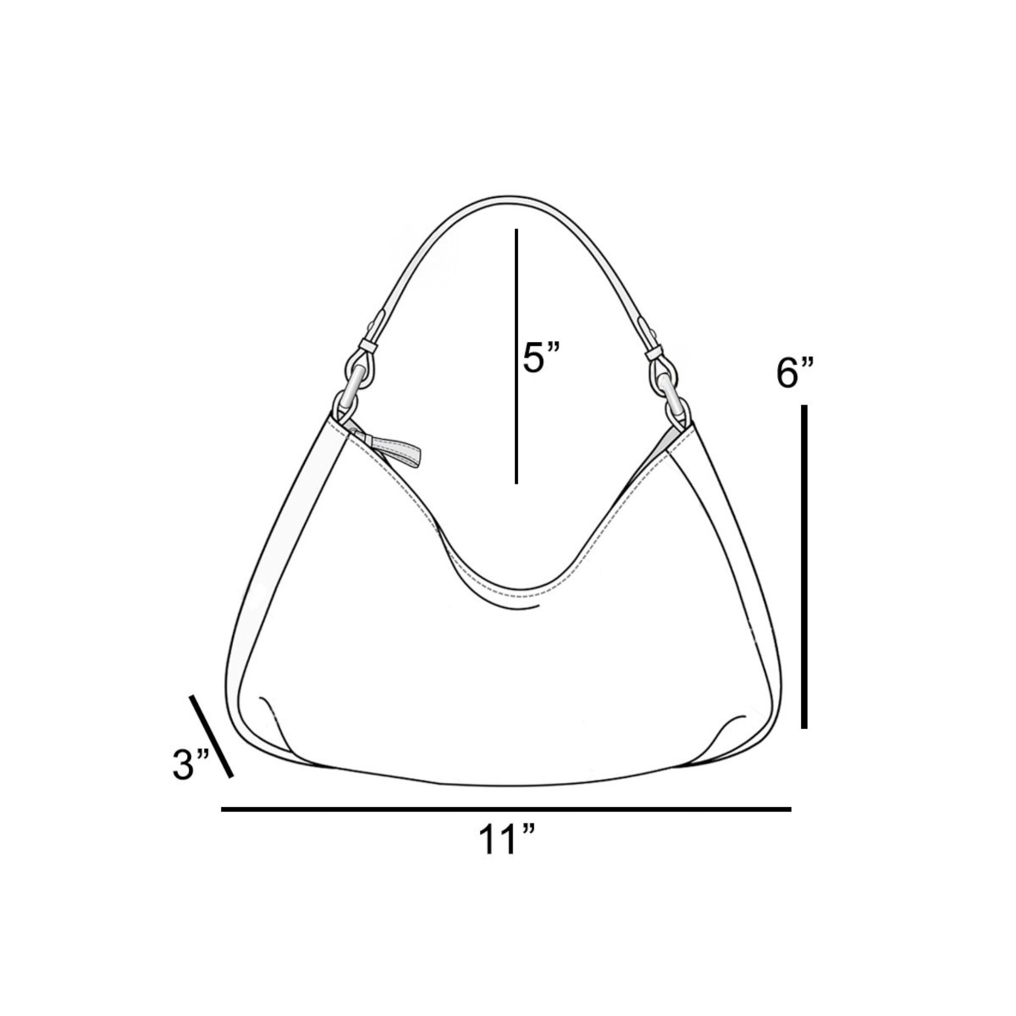Line drawing of a handbag with dimensions labeled