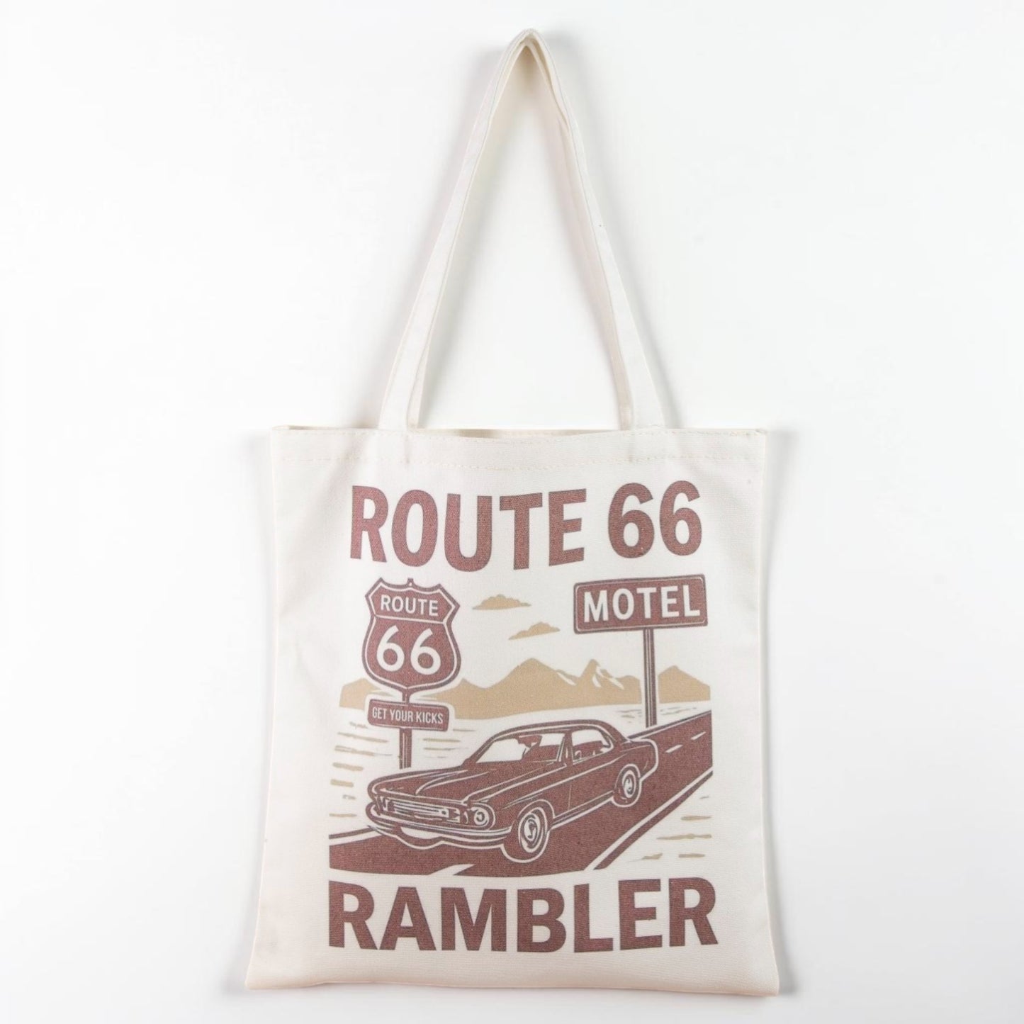 Tote bag with Route 66 and Rambler design on a white background