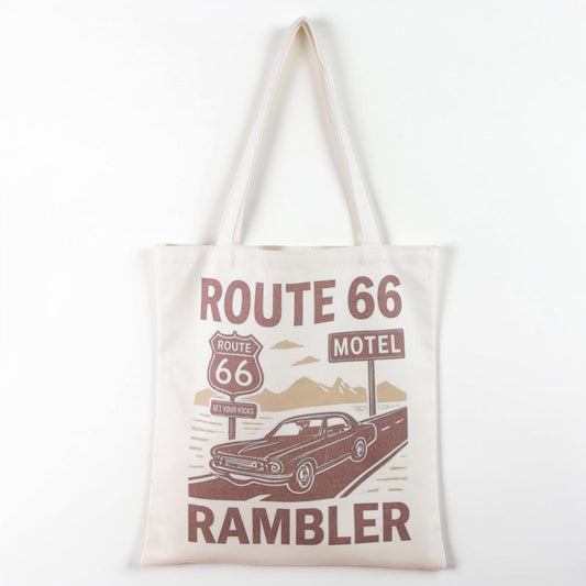 Tote bag with Route 66 and Rambler design on a white background