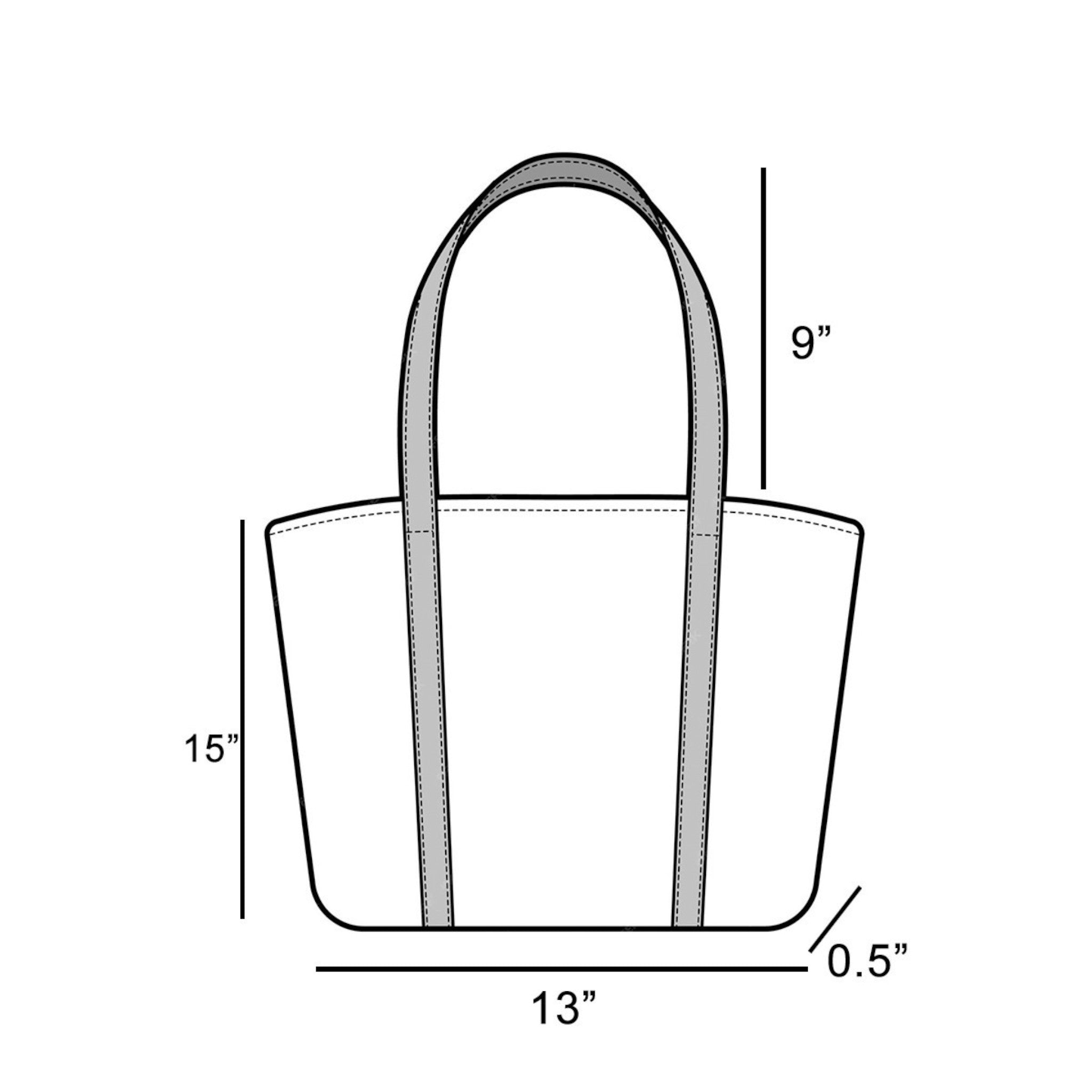 Measurement chart of a tote bag with dimensions labeled.