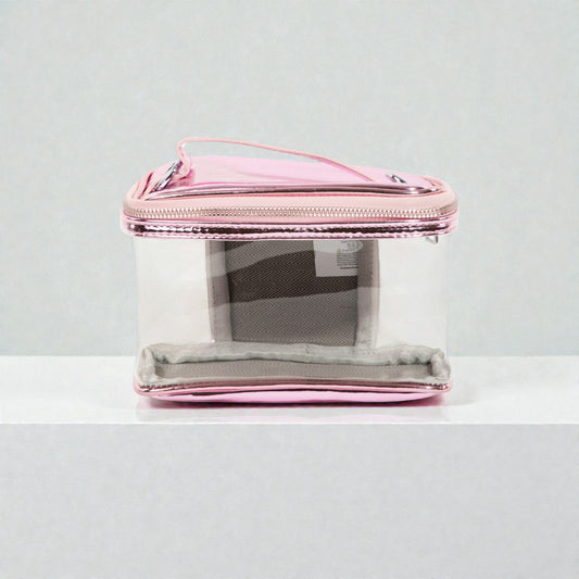 Clear cosmetic bag with pink zipper on a white background