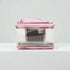 Clear cosmetic bag with pink zipper on a white background