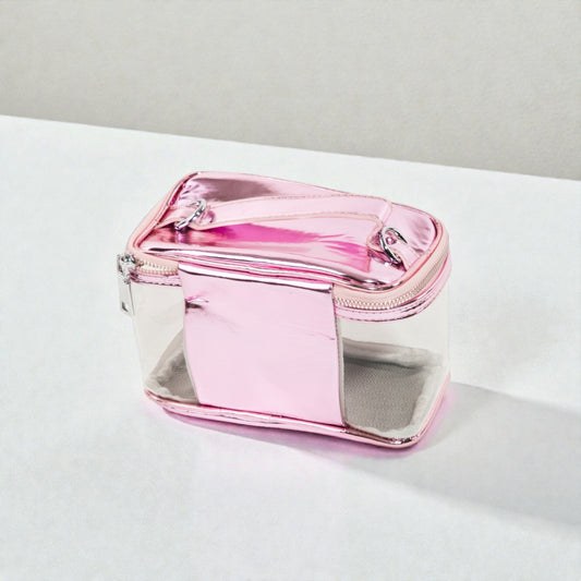 Pink and clear rectangular pouch on a light gray background