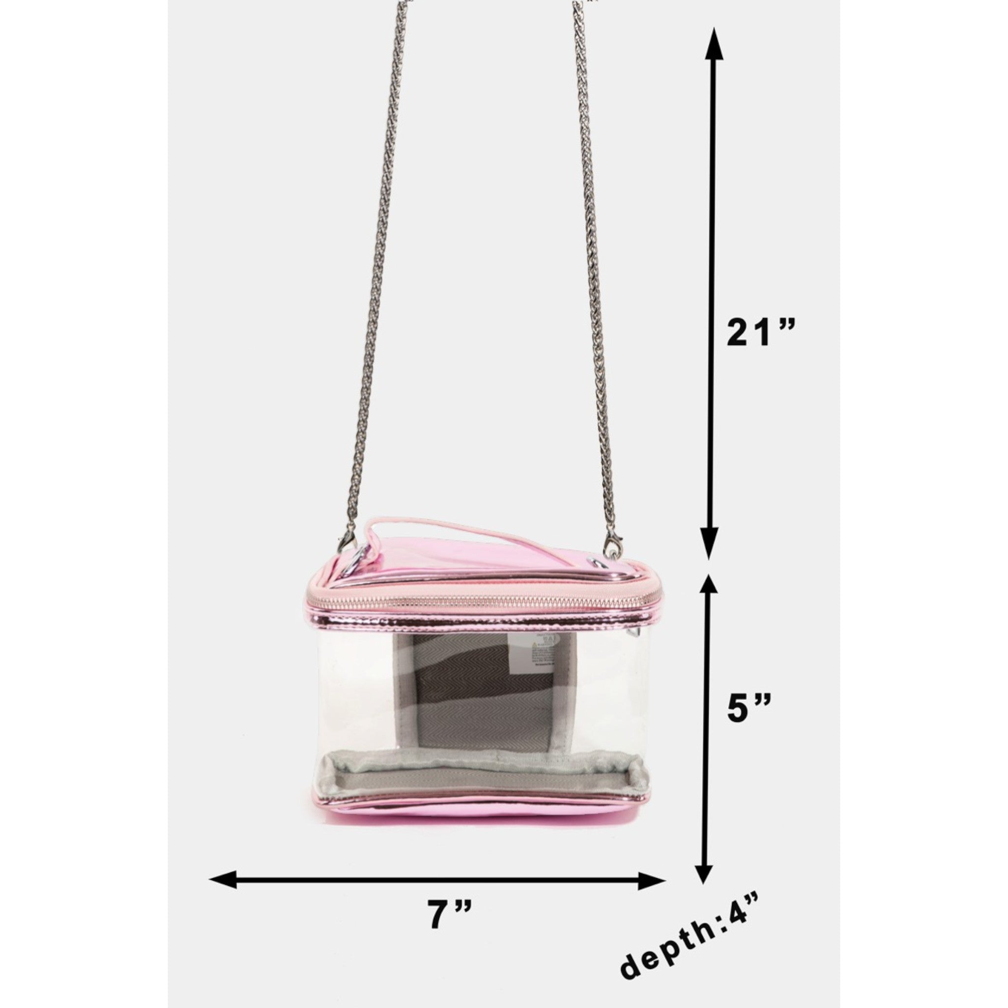 Pink crossbody bag with measurements on a white background