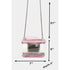 Pink crossbody bag with measurements on a white background