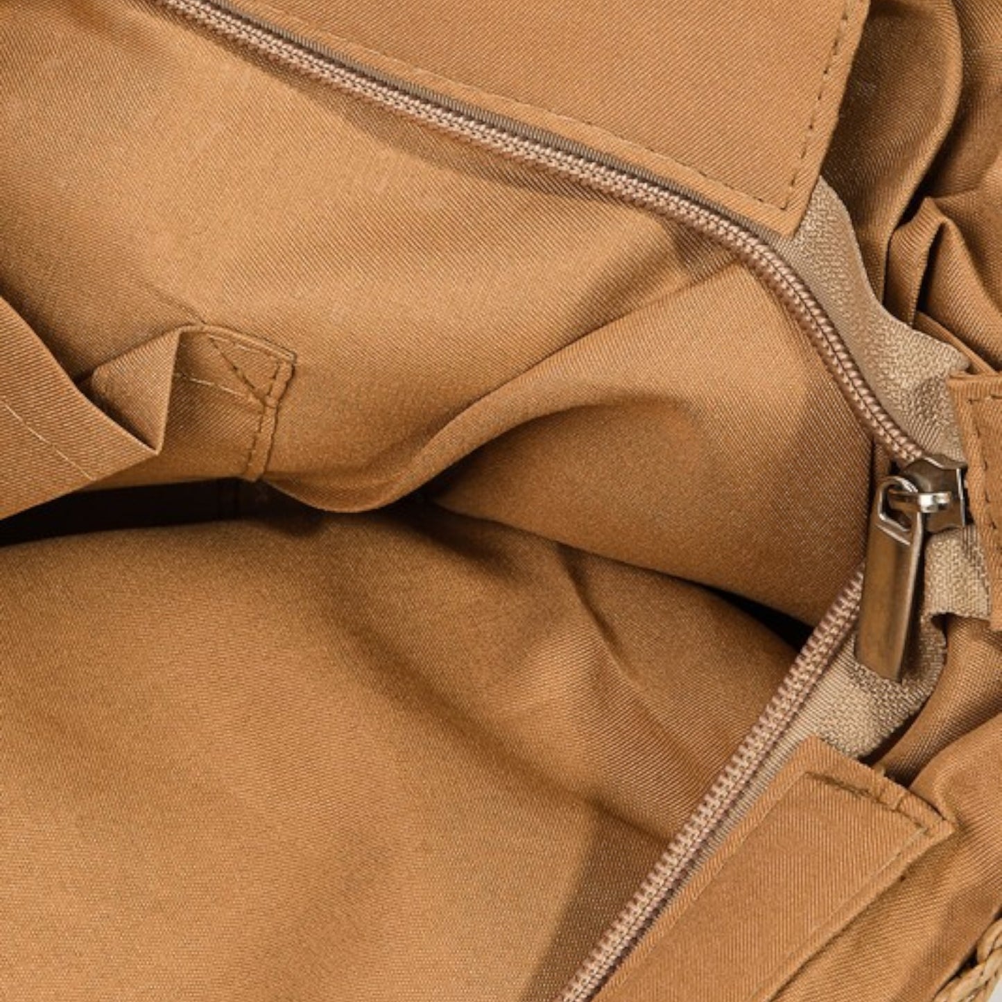 Close-up of a brown jacket with a zipper