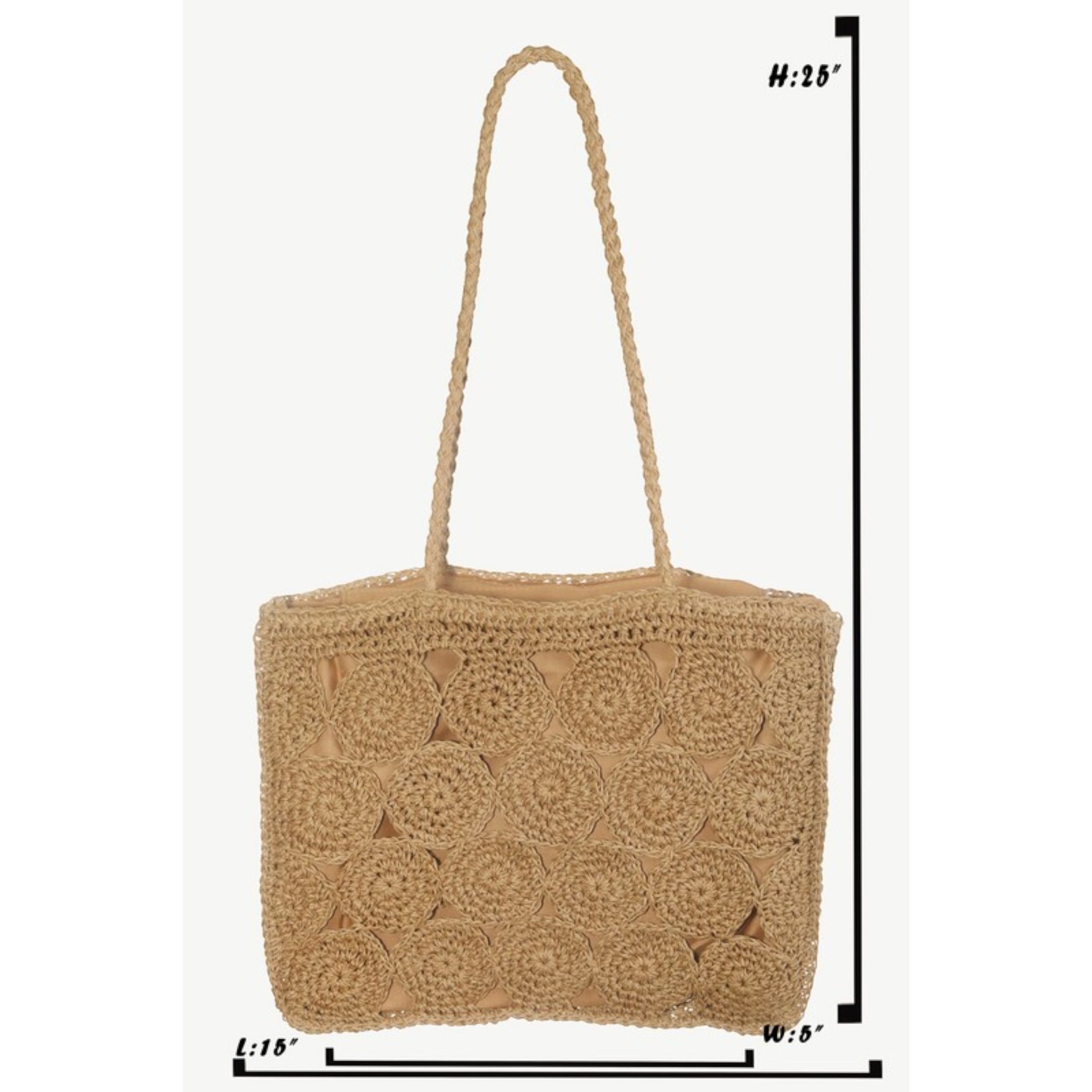 Beige woven handbag with measurements on a white background
