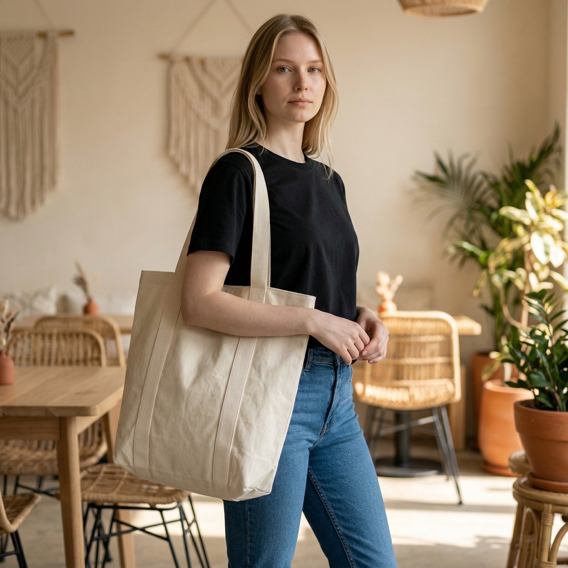 Woman holding a white tote bag in a cozy indoor setting with plants and furniture.