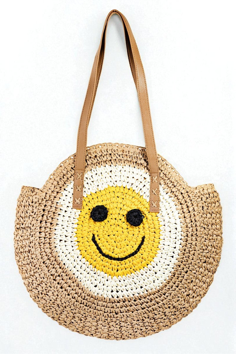 Woven bag with a smiley face design on a white background